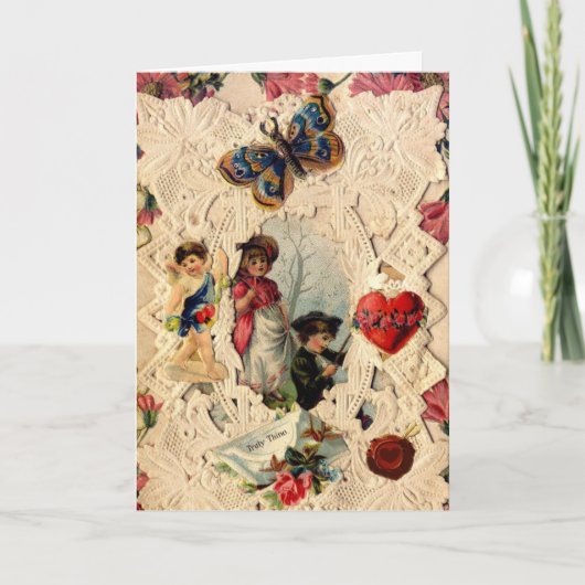 ANTIEK VALENTIJN LACE, CUPID, LOVERS EN BUTTERFLES FEESTDAGEN KAART (Voorkant)