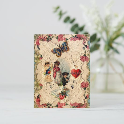 ANTIEK VALENTIJN LACE, CUPID, LOVERS EN BUTTERFLES FEESTDAGENKAART (Staand voorkant)