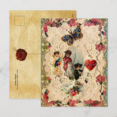 ANTIEK VALENTIJN LACE, CUPID, LOVERS EN BUTTERFLES FEESTDAGENKAART (Voorkant / Achterkant)