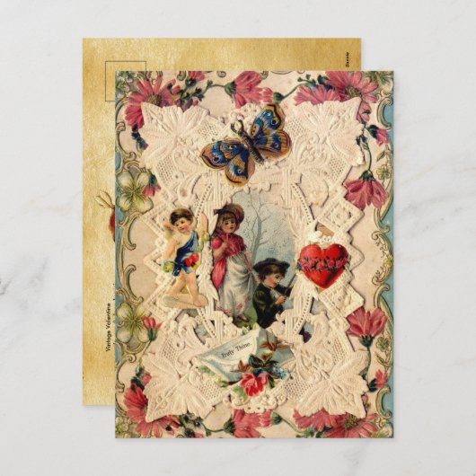 ANTIEK VALENTIJN LACE, CUPID, LOVERS EN BUTTERFLES FEESTDAGENKAART (Voorkant / Achterkant)
