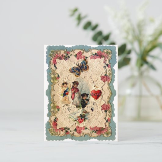 ANTIEK VALENTIJN LACE, CUPID, LOVERS EN BUTTERFLES FEESTDAGENKAART (Staand voorkant)