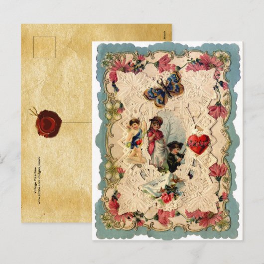 ANTIEK VALENTIJN LACE, CUPID, LOVERS EN BUTTERFLES FEESTDAGENKAART (Voorkant / Achterkant)
