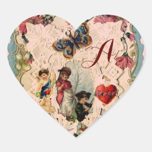ANTIEK VALENTIJN LACE, CUPID, LOVERS EN BUTTERFLES HART STICKER (Voorkant)