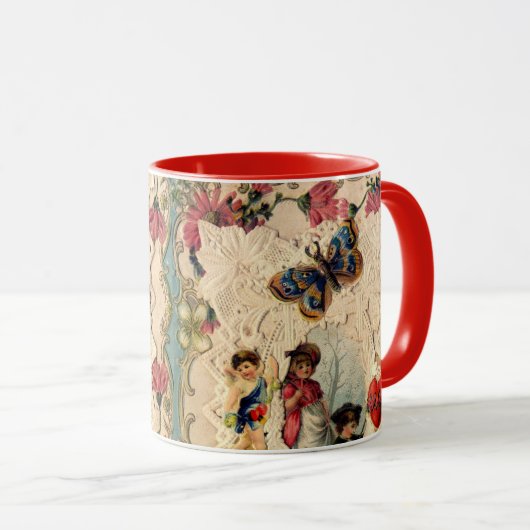 ANTIEK VALENTIJN LACE, CUPID, LOVERS EN BUTTERFLES MOK (Voorkant rechts)