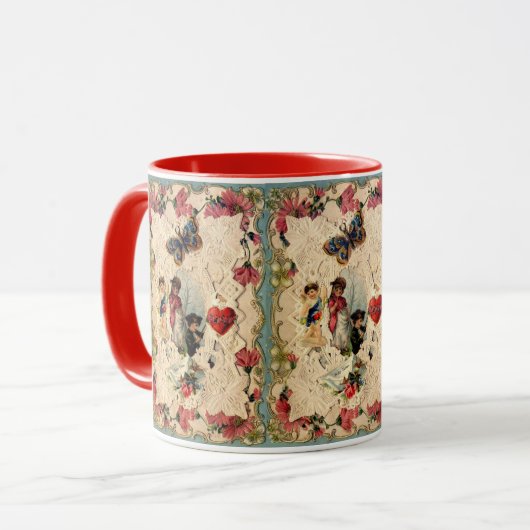 ANTIEK VALENTIJN LACE, CUPID, LOVERS EN BUTTERFLES MOK (Voorkant links)