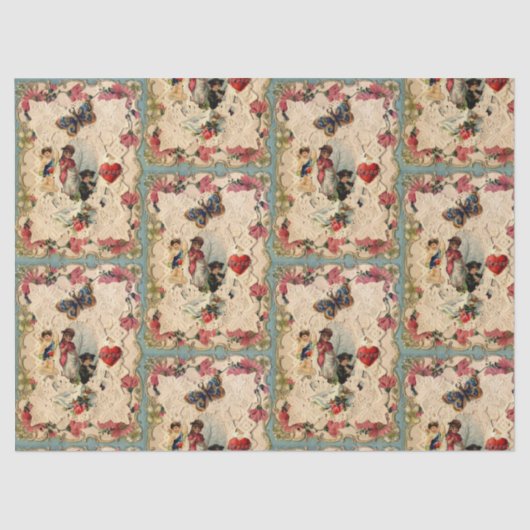 ANTIEK VALENTIJN LACE, CUPID, LOVERS EN BUTTERFLES TISSUEPAPIER (Voorkant)