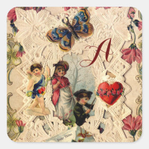 ANTIEK VALENTIJN LACE, CUPID, LOVERS EN BUTTERFLES VIERKANTE STICKER