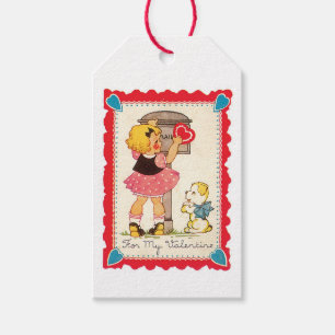 Antiek Valentijn meisje met puppy Cadeaulabel