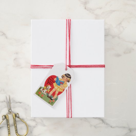 Antiek Valentijn meisje met puppy Cadeaulabel (Met Touw)