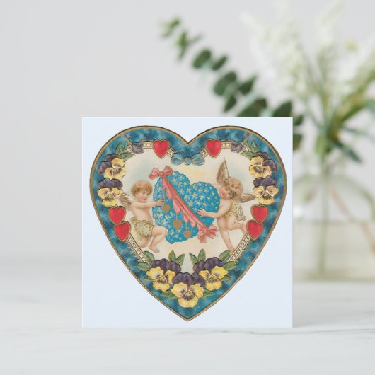 Antiek Valentijnsdag,  engelen in een hart Feestdagenkaart (Staand voorkant)