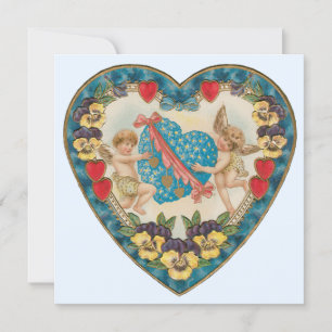 Antiek Valentijnsdag,  engelen in een hart Feestdagenkaart