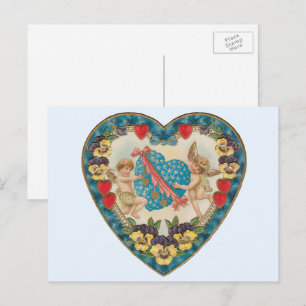 Antiek Valentijnsdag,  engelen in een hart Feestdagenkaart