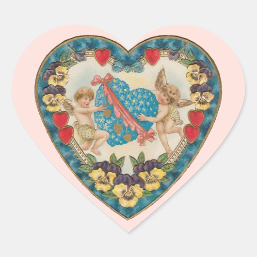Antiek Valentijnsdag,  engelen in een hart Hart Sticker (Voorkant)