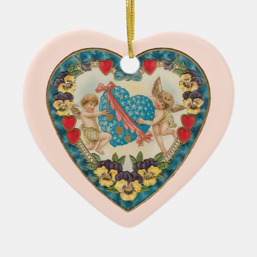 Antiek Valentijnsdag,  engelen in een hart Keramisch Ornament (Voorkant)