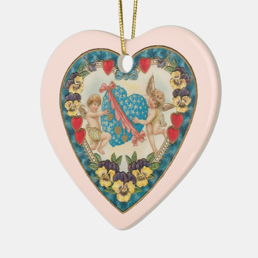 Antiek Valentijnsdag,  engelen in een hart Keramisch Ornament (Links)