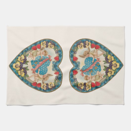 Antiek Valentijnsdag,  engelen in een hart Theedoek (Horizontaal)