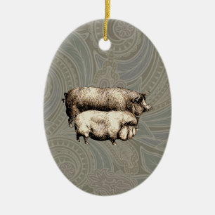 Antiek Varkens  tekening Keramisch Ornament