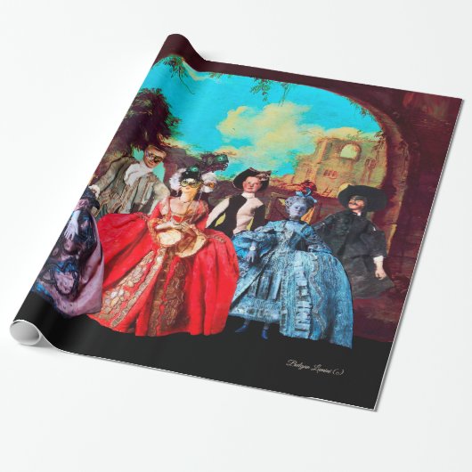 ANTIEK VENETIAN PUPPETS MASQUERADE PARTIJ CADEAUPAPIER (Uitgerold)