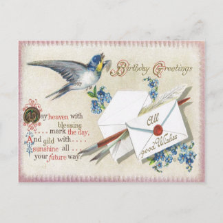 Antiek Verjaardag Post Kaart-Victoriaans Blauwe Bl Briefkaart