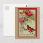  antiek verjaardagsgroeten, roodborstjes, rozen briefkaart (Voorkant / Achterkant)