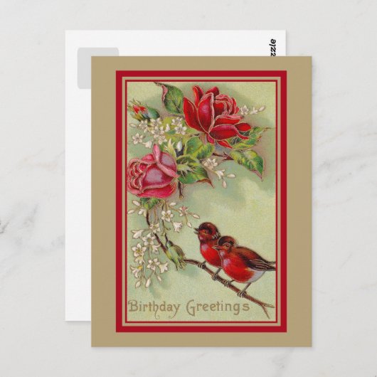  antiek verjaardagsgroeten, roodborstjes, rozen briefkaart (Voorkant / Achterkant)