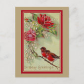  antiek verjaardagsgroeten, roodborstjes, rozen briefkaart (Voorkant)