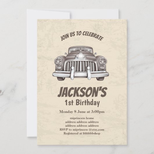 , antiek verjaardagsuitnodiging voor auto's kaart (Voorkant)