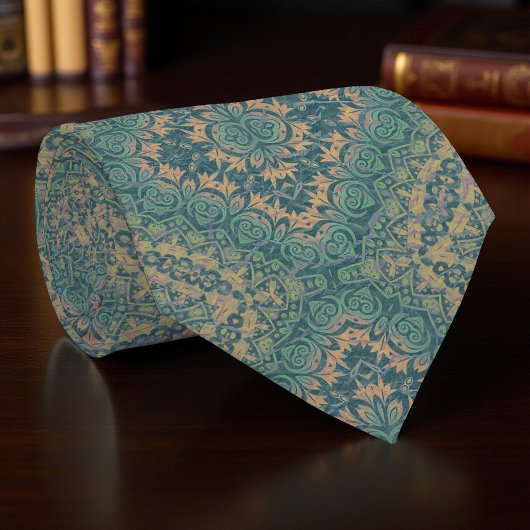 Antiek Vervallen Damast Teal Beige Boho Vintage Stropdas