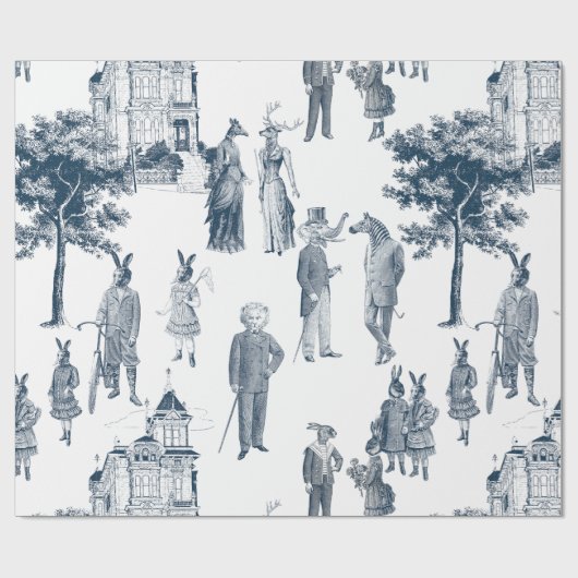 antiek Victoriaans Animal Toile Anthropomorph Blue Cadeaupapier (Vlak)