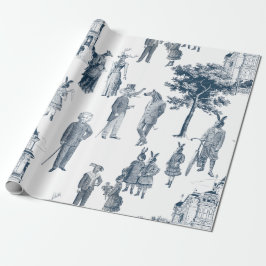 antiek Victoriaans Animal Toile Anthropomorph Blue Cadeaupapier