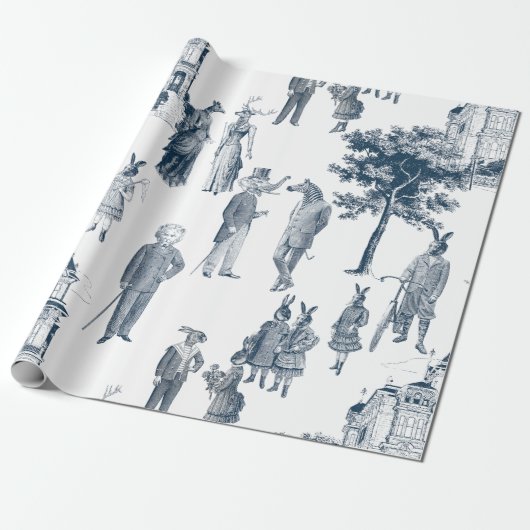 antiek Victoriaans Animal Toile Anthropomorph Blue Cadeaupapier (Uitgerold)