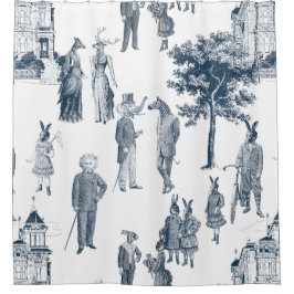 antiek Victoriaans Animal Toile Anthropomorph Blue Douchegordijn