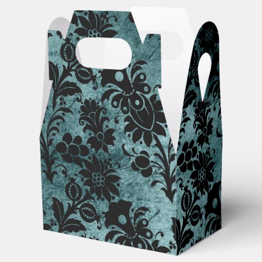 Antiek Victoriaans Blauwgroen en Zwart Damask Bedankdoosjes (Geopend)