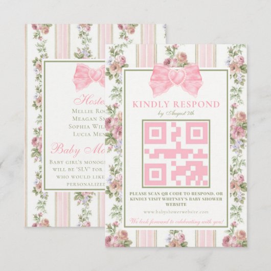 Antiek Victoriaans Coquette Bow Floral Baby shower RSVP Kaartje (Voorkant / Achterkant)