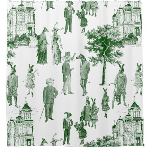 antiek Victoriaans Dieren Toile Green Douchegordijn (Voorkant)