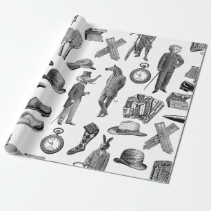 antiek Victoriaans Dieren Zwart Wit Toile mannen Cadeaupapier