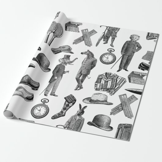 antiek Victoriaans Dieren Zwart Wit Toile mannen Cadeaupapier (Uitgerold)