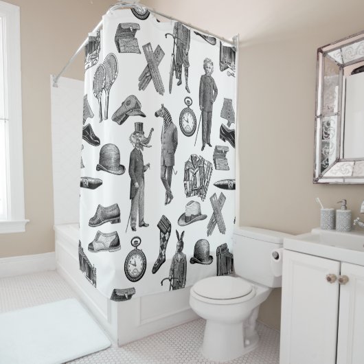 antiek Victoriaans Dieren Zwart Wit Toile mannen Douchegordijn (In situ)