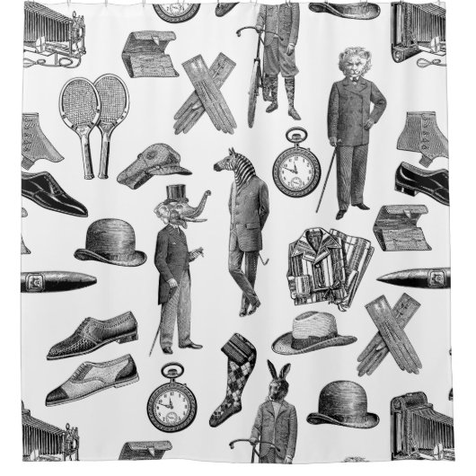 antiek Victoriaans Dieren Zwart Wit Toile mannen Douchegordijn (Voorkant)