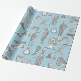 antiek Victoriaans Heren Dieren Blauwe Toile manne Cadeaupapier