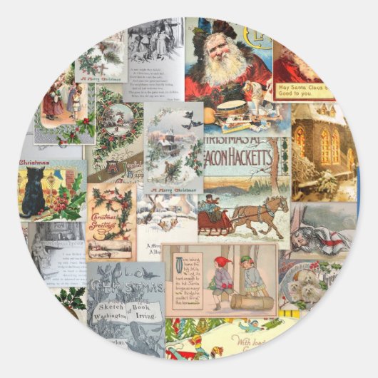 Antiek Victoriaans Kerst Ephemera Collage Art Ronde Sticker (Voorkant)