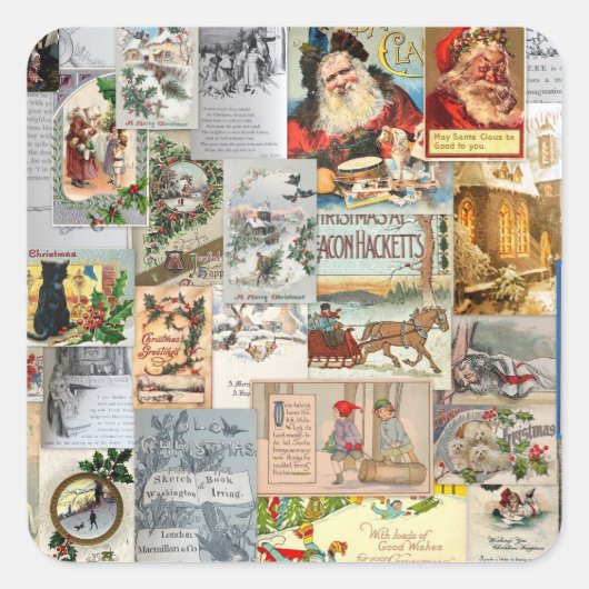 Antiek Victoriaans Kerst Ephemera Collage Art Vierkante Sticker (Voorkant)