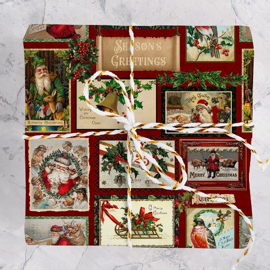Antiek Victoriaans Kerst Kaart Collage Cadeaupapier
