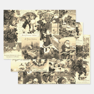 Antiek  Victoriaans Kerstman Collage Inpakpapier Vel
