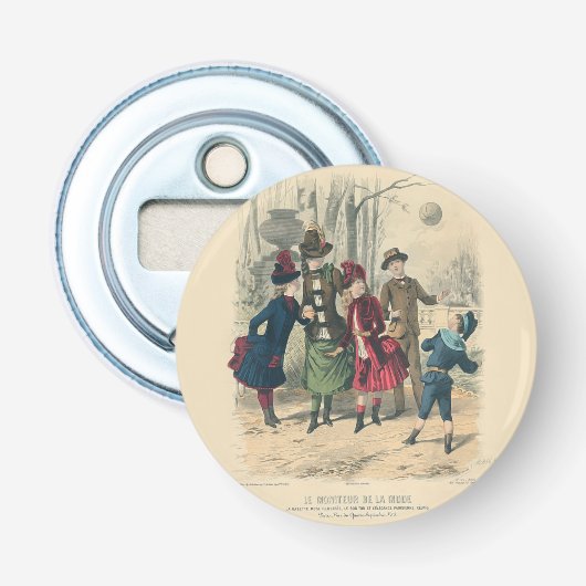 Antiek Victoriaans Kinderen Spelen Bal 1880 Winter Button Flesopener (Voorkant)