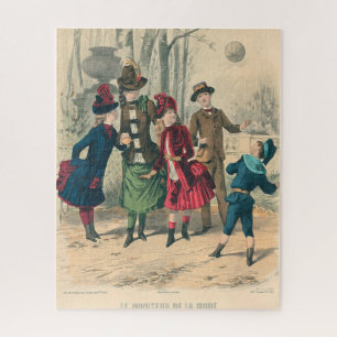 Antiek Victoriaans Kinderen Spelen Bal 1880 Winter Legpuzzel
