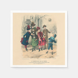 Antiek Victoriaans Kinderen Spelen Bal 1880 Winter Servet