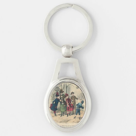 Antiek Victoriaans Kinderen Spelen Bal 1880 Winter Sleutelhanger (Voorkant)