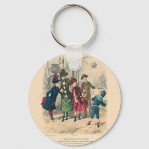 Antiek Victoriaans Kinderen Spelen Bal 1880 Winter Sleutelhanger