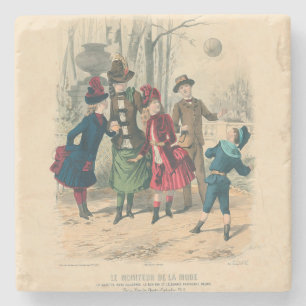 Antiek Victoriaans Kinderen Spelen Bal 1880 Winter Stenen Onderzetter
